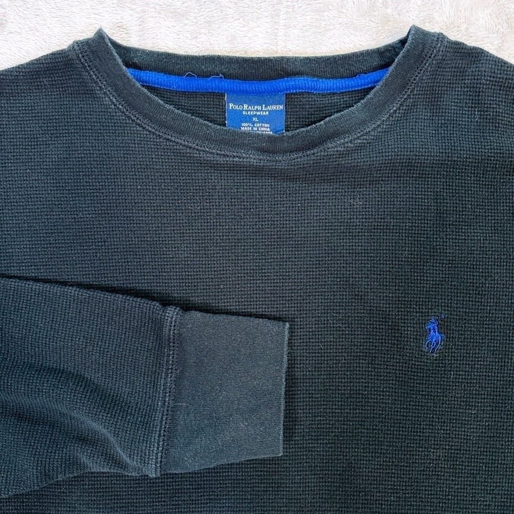 Polo Ralph Lauren Shirt Mens XL Black Waffle Knit Thermal Sleepwear Long Sleeve